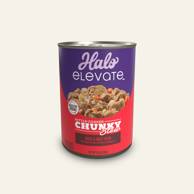 Halo® Elevate Dog Kettle Cooked Chunky Healthy Grains Duck & Beef Stew w/ Carrots, White Potatoes & Brown Rice 12.7 oz can (case of 6)