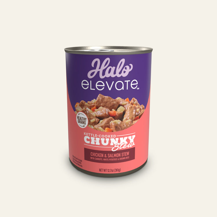 Halo® Elevate Dog Kettle Cooked Chunky Healthy Grains Chicken & Salmon Stew w/ Carrots, White Potatoes and Brown Rice 12.7 oz can (case of 6)